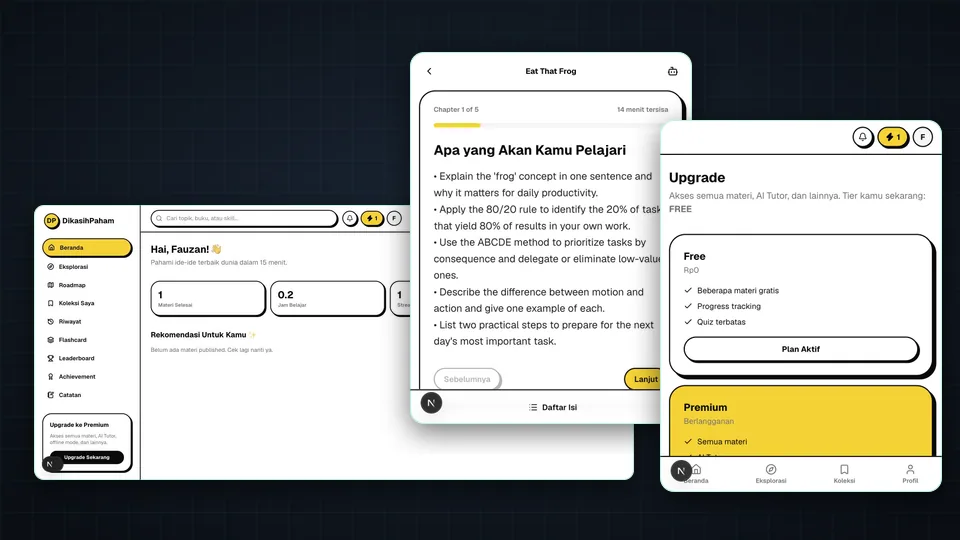 DikasihPaham screenshots: the desktop dashboard and two mobile screens, the reading mode and the upgrade plans