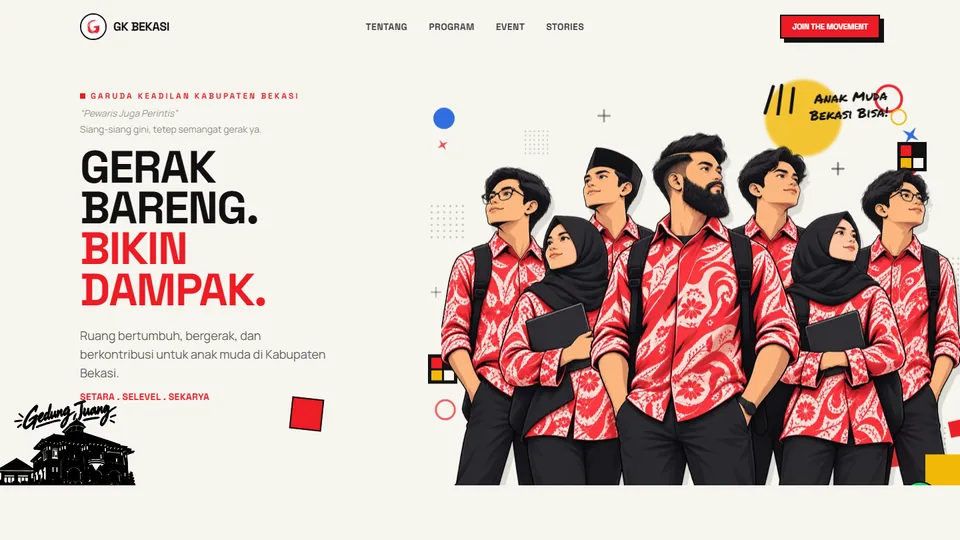 Screenshot of the GK Bekasi homepage with the headline 'Gerak Bareng. Bikin Dampak.' and an illustration of young people in batik shirts
