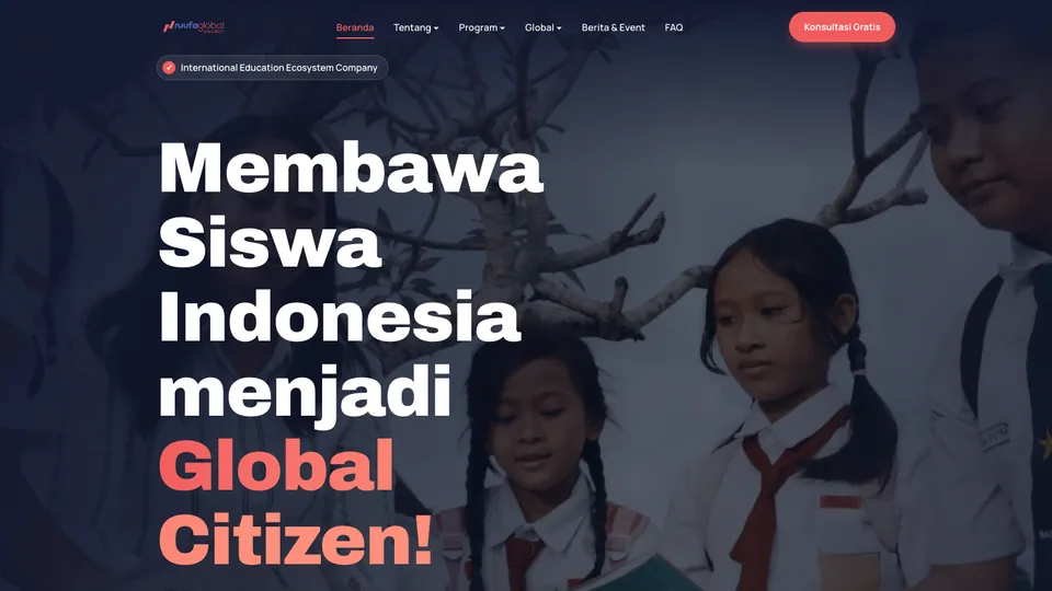 Screenshot of the NUFA Global Education homepage with the headline 'Membawa Siswa Indonesia menjadi Global Citizen'